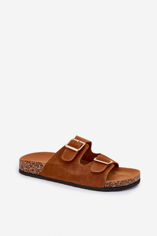 Pantoufles pour femmes Ze couleur doréemi avec bouclesmi I Przeszyciami marron Lunera