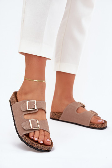 Damespantoffels Ze gouden kleurmi met gespenmi I Przeszyciami kaki kleuren Lunera 2