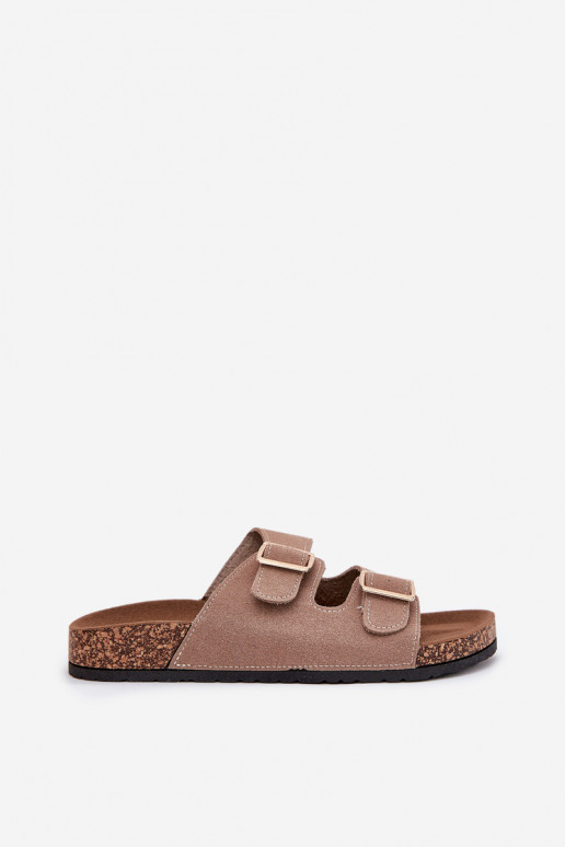 Pantoufles pour femmes Ze couleur doréemi avec bouclesmi I Przeszyciami couleur kaki Lunera