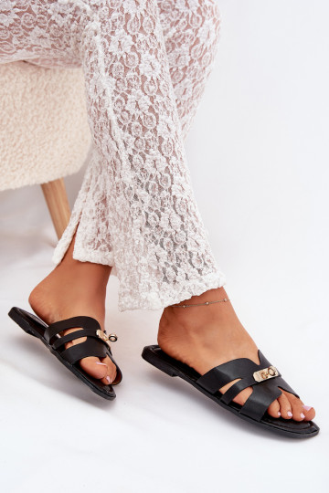 Schwarze flache Damen-Slipper mit Streifen und goldfarbenen Details Kerenza
