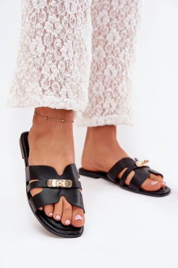 Zwarte platte dames slippers met strepen en gouden details Kerenza 2