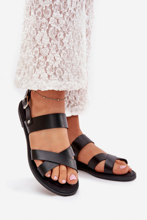 Sandales plates pour femmes en cuir écologique couleur noire Kalira