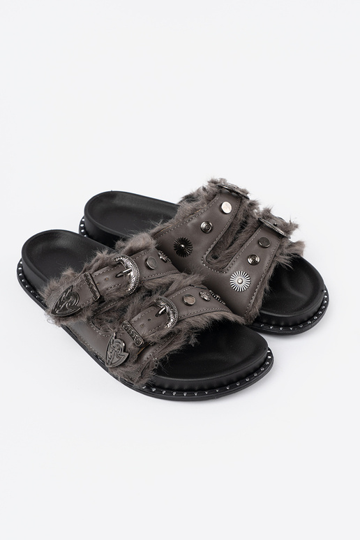 grijs slippers met bont i ćIniekami