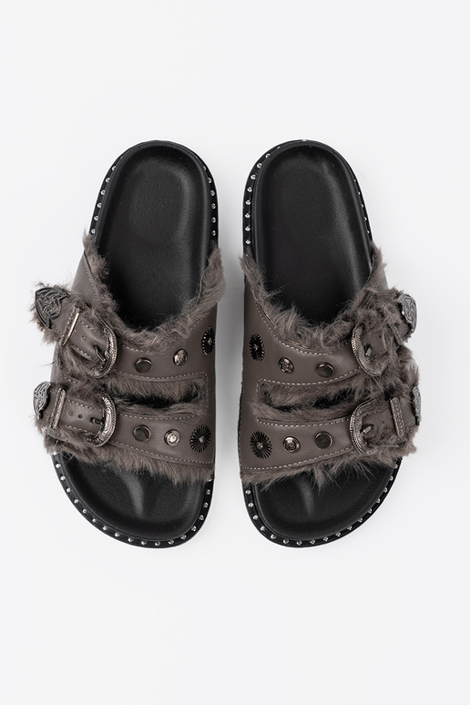 grijs slippers met bont i ćIniekami