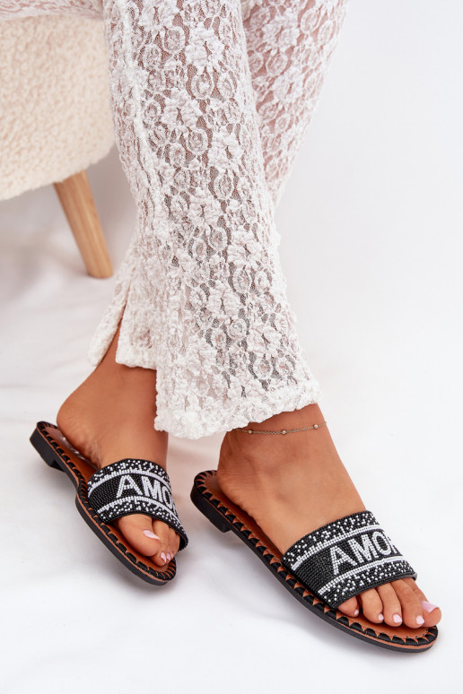 Pantoufles pour femmes avec des talons larges Avec décoration Amore couleur noire Avelina