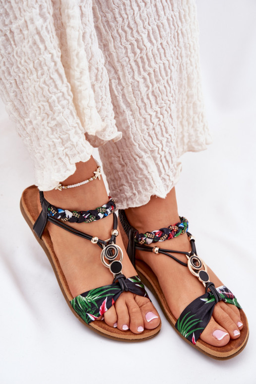 Flache Sandalen für Damen Z Plecionymi Streifenem Und Dekoration Artiker 56C1318 schZuarze Farbe