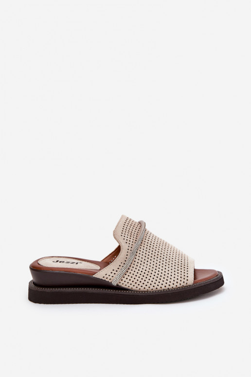 Pantoufles pour femmes Sur un coin Avec ruban décoratif beige TeriÀes