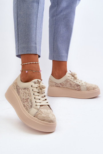 met kantmotieven Sneakers model schoenen Dames met platform S.Barski HY025 beige