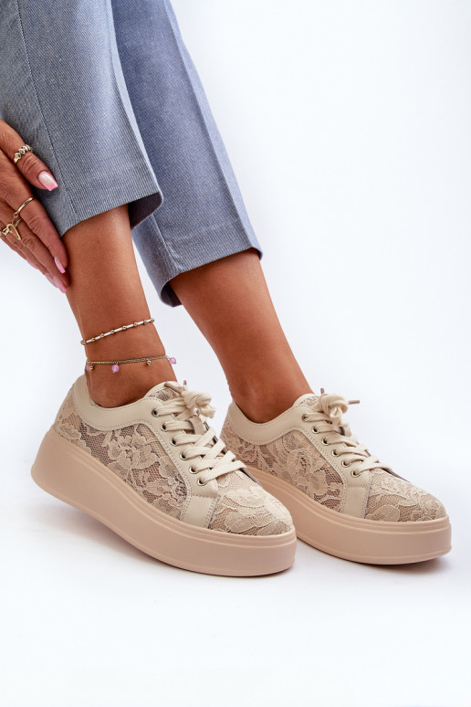 avec des motifs de dentelle Chaussures modèle baskets Féminin avec une plateforme S.Barski HY025 beige