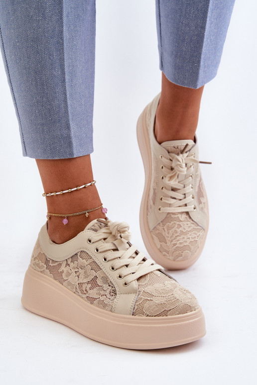 avec des motifs de dentelle Chaussures modèle baskets Féminin avec une plateforme S.Barski HY025 beige