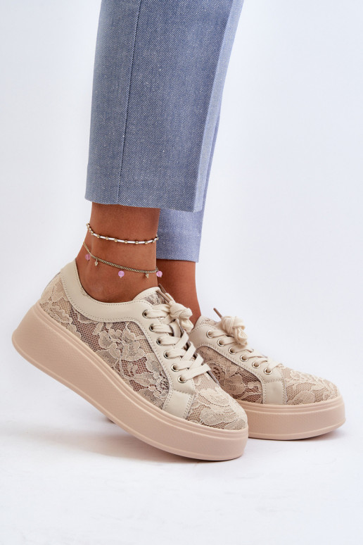 mit Spitzenmotiven Sneakers Stilvollllschuhe Feminin mit einer Plattform S.Barski HY025 Beige