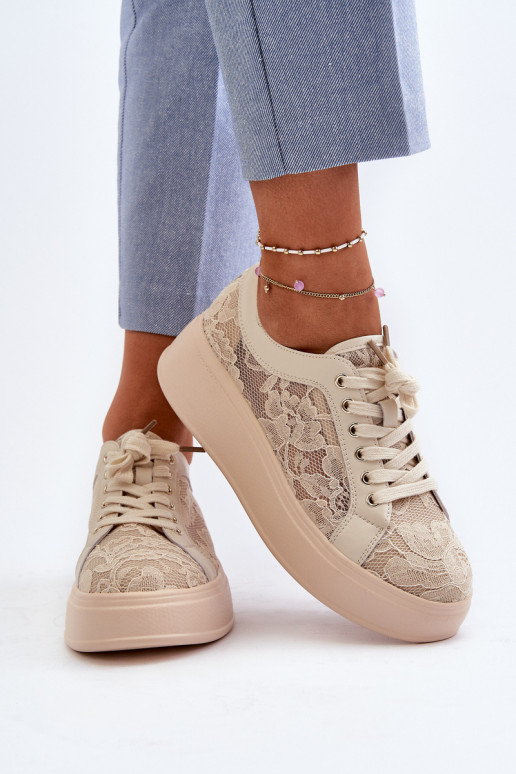 avec des motifs de dentelle Chaussures modèle baskets Féminin avec une plateforme S.Barski HY025 beige