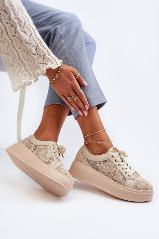 met kantmotieven Sneakers model schoenen Dames met platform S.Barski HY025 beige