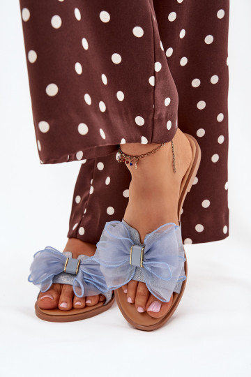 Dames slippers met brede hakken en tule strik van denim Tanira 2