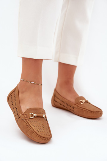 Dames mocassins met ajourdetails en ornamenten in bruin Kaydance 2
