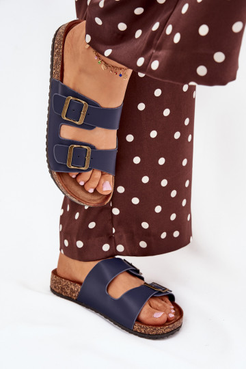 Dames donkerblauwe slippers met platform en gespen Vesina