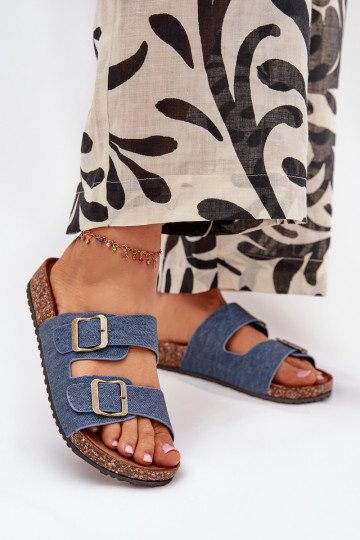 Dames donkere denim slippers met platform en gespen Vesina 2