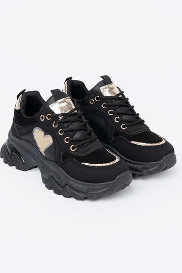schZuarze Farbe Sneakers Stilvollllschuhe z ozdobnym goldenm Herzm