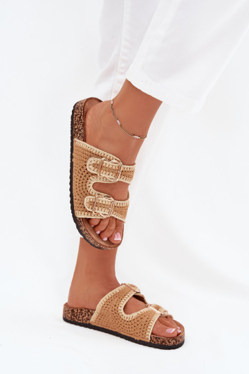 Gehaakte dames slippers met gouden gespen, bruine kleur „Fenira"