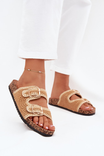 Gehaakte dames slippers met gouden gespen, bruine kleur „Fenira" 2
