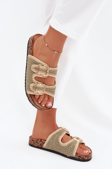 Gehaakte dames slippers met gouden gespen, groene kleur „Fenira"