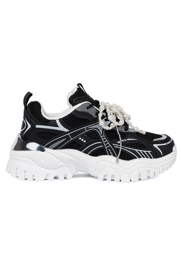 schZuarze Farbe Sneakers Stilvollllschuhe z białą kokardą i koralikami 2