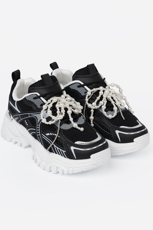 couleur noire Chaussures modèle baskets z białą kokardą i koralikami