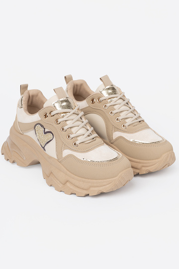 Beige Sneakers Stilvollllschuhe z ozdobnym goldenm Herzm