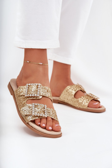 Glitters Versierd Slippers met gespen met brede hakken gouden kleur Tovira 2