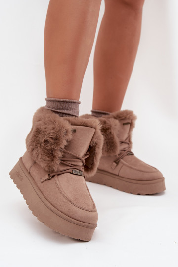 Dames sneeuwlaarzen met platform, bont en veters Big Star SS274114 in zandkleur