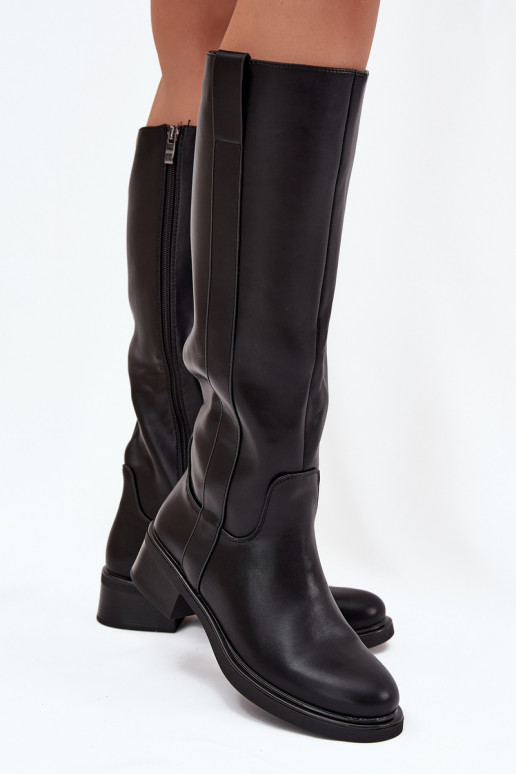 Bottes longues pour femmes à talons bas, doublées, couleur noire Averna