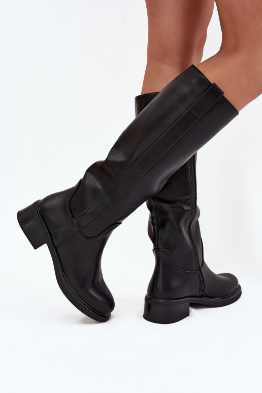 Bottes longues pour femmes à talons bas, doublées, couleur noire Averna