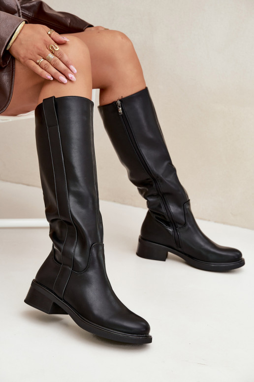 Bottes longues pour femmes à talons bas, doublées, couleur noire Averna