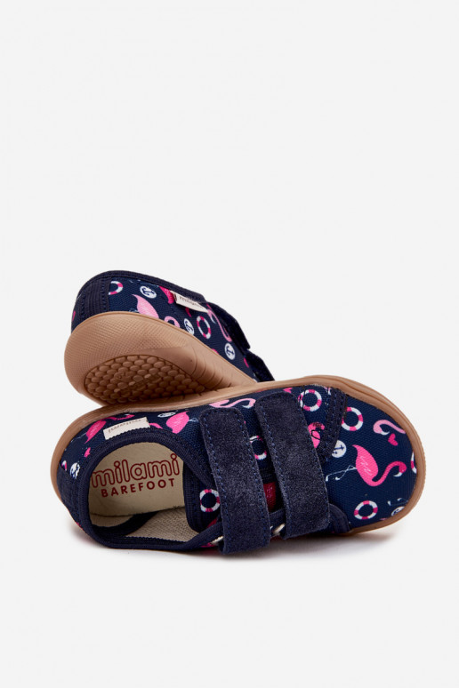 Chaussons Barefoot Puéril avec des flamants roses Milami bleu foncé Saphira
