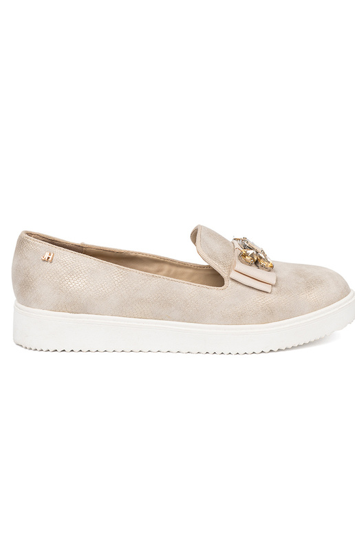 goldene Farbe Mokassins z biżuteryjnym detalem na przodzie