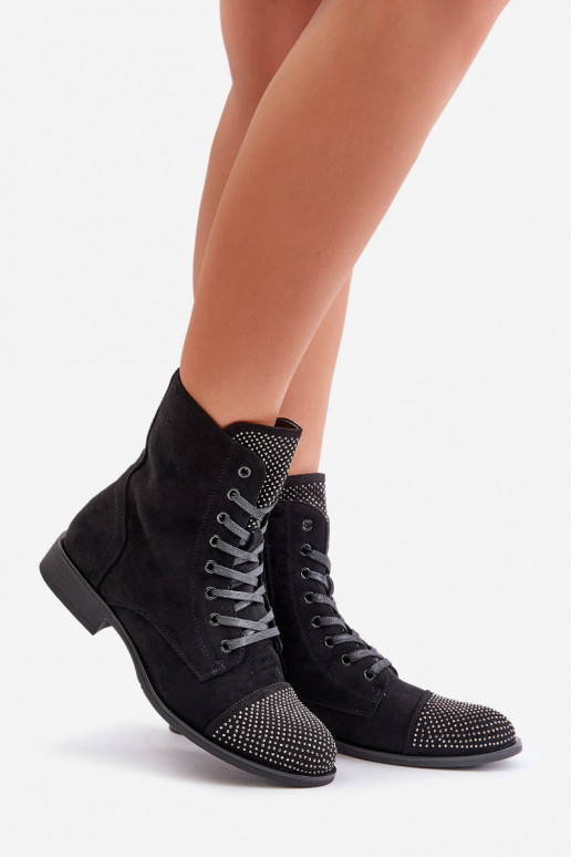 Décoré Bottes avec des talons larges en daim écologiqueoÀe réchauffer couleur noire Ellieo