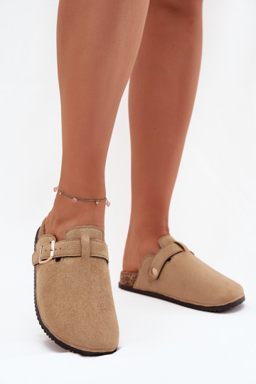 Dames klompslippers met platform en gouden gespen Big Star SS274738 zandkleur 2