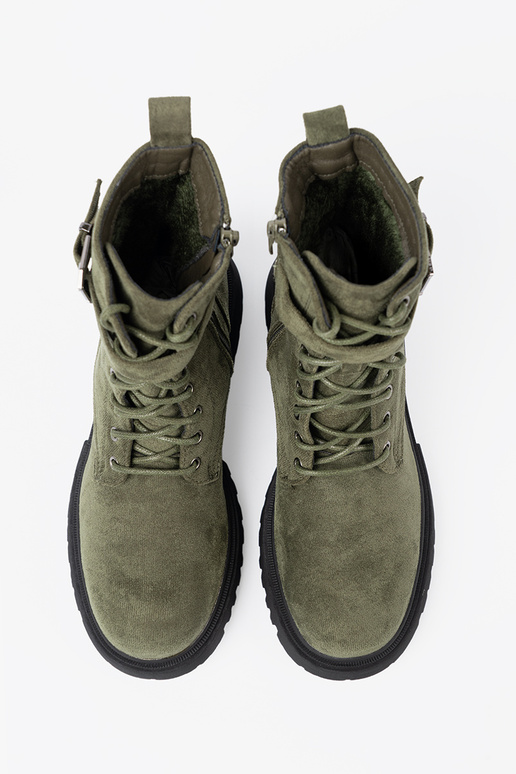 kaki kleuren schoenen z grubą podeszIną i vetersluitingm