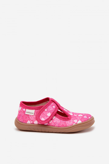 Hausschuhe Barefoot Kindisch mit Herzen mit Klebeverschlüssen Milami pinke Farbe Talirae 2