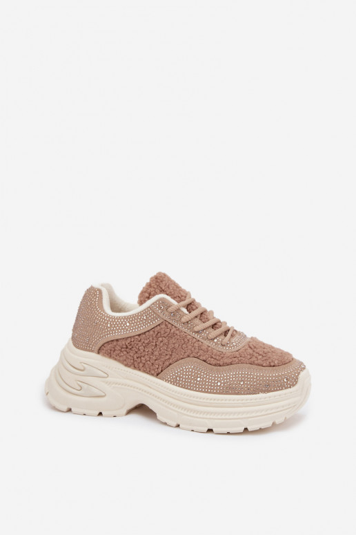Sneakers model schoenen Dames met sprankelende gaten en bont Typu Baranek beige Zarika