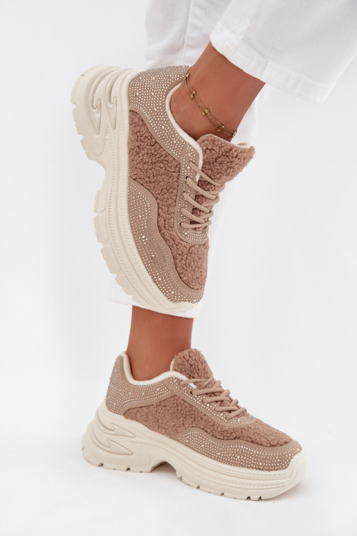 Sneakers model schoenen Dames met sprankelende gaten en bont Typu Baranek beige Zarika