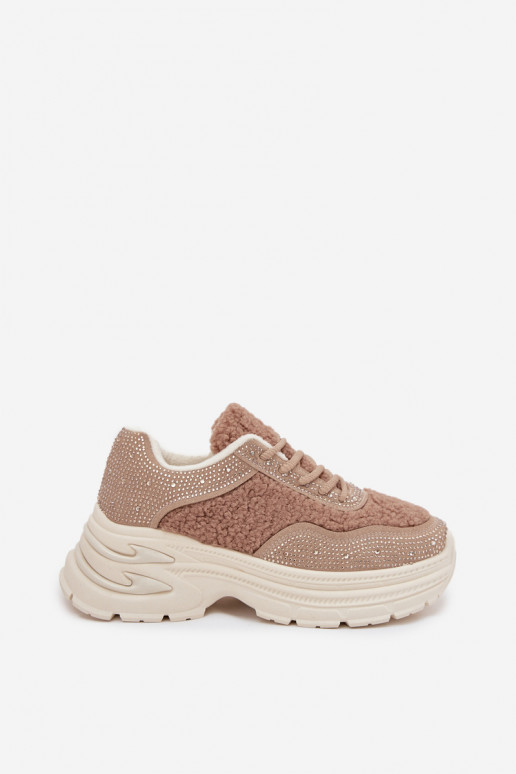 Sneakers model schoenen Dames met sprankelende gaten en bont Typu Baranek beige Zarika