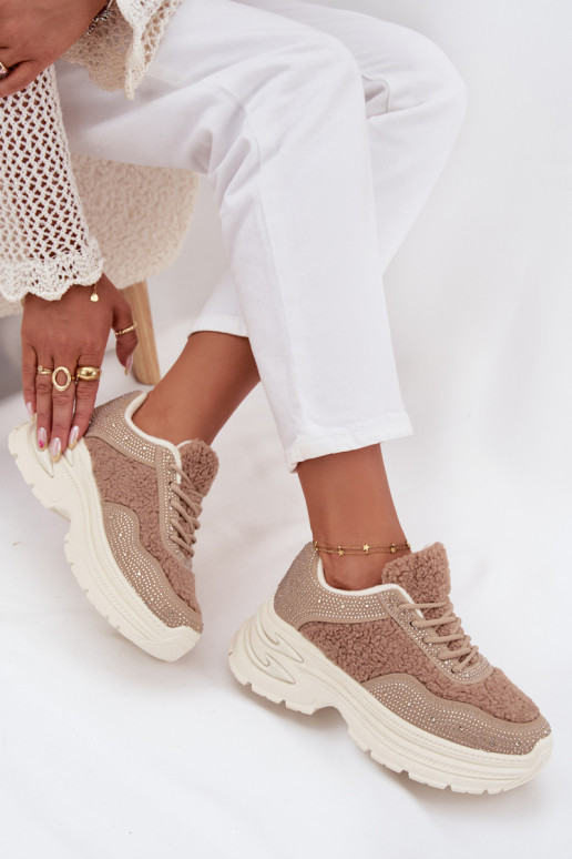 Sneakers model schoenen Dames met sprankelende gaten en bont Typu Baranek beige Zarika