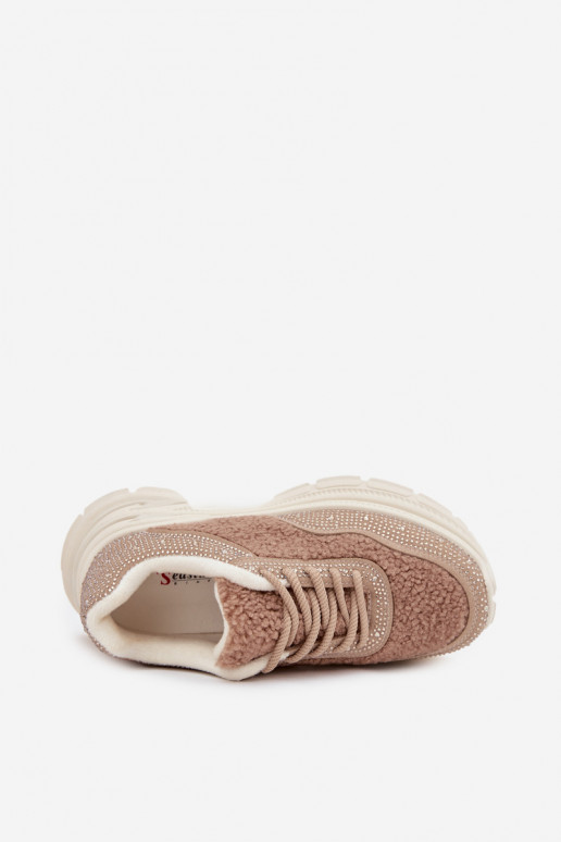 Chaussures modèle baskets Féminin avec des yeux qui clignotent et un manteau de fourrure Typu Baranek beige Zarika