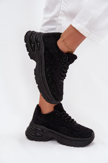 Baskets sportives femmes avec œillets scintillants et fourrure type agneau noires Zarika