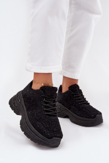 Dames sportschoenen met glinsterende eyelets en schapenwol zwart Zarika 2