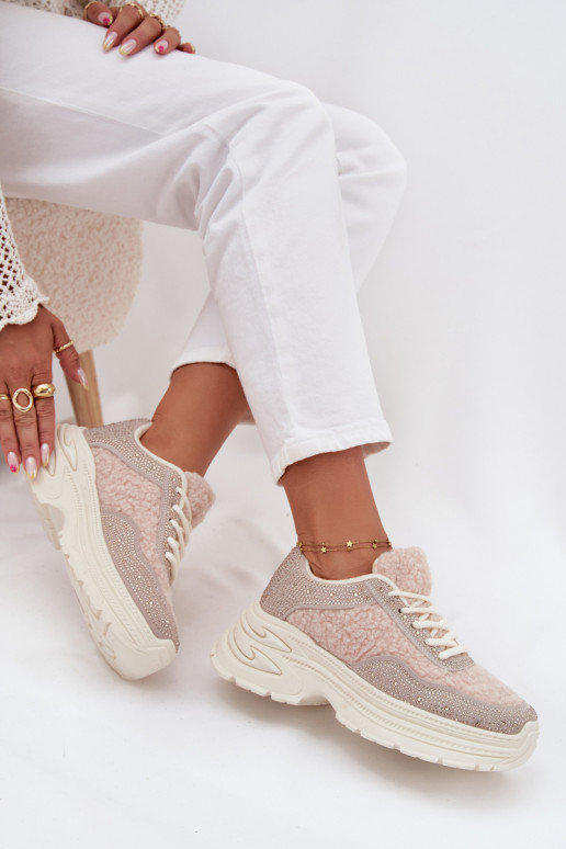 Sneakers model schoenen Dames met sprankelende gaten en bont Typu Baranek ivoor Zarika