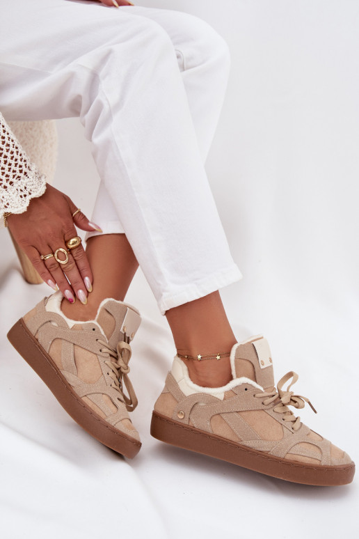 Sneakers model schoenen Dames met platform opInarmen met bont erin beige Solvia