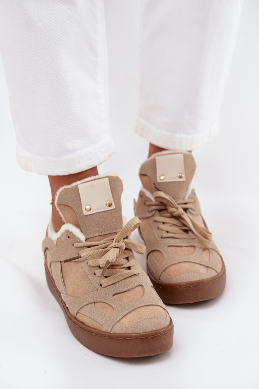 Sneakers Stilvollllschuhe Feminin mit einer Plattform sich Zuarm laufen mit Fell innen Beige Solvia