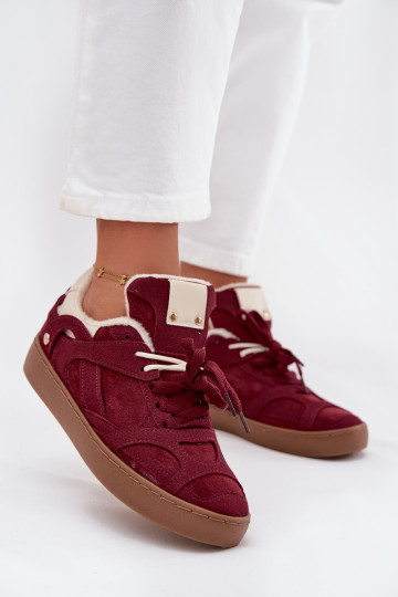 Sneakers Stilvollllschuhe Feminin mit einer Plattform sich Zuarm laufen mit Fell innen Burgund Solvia